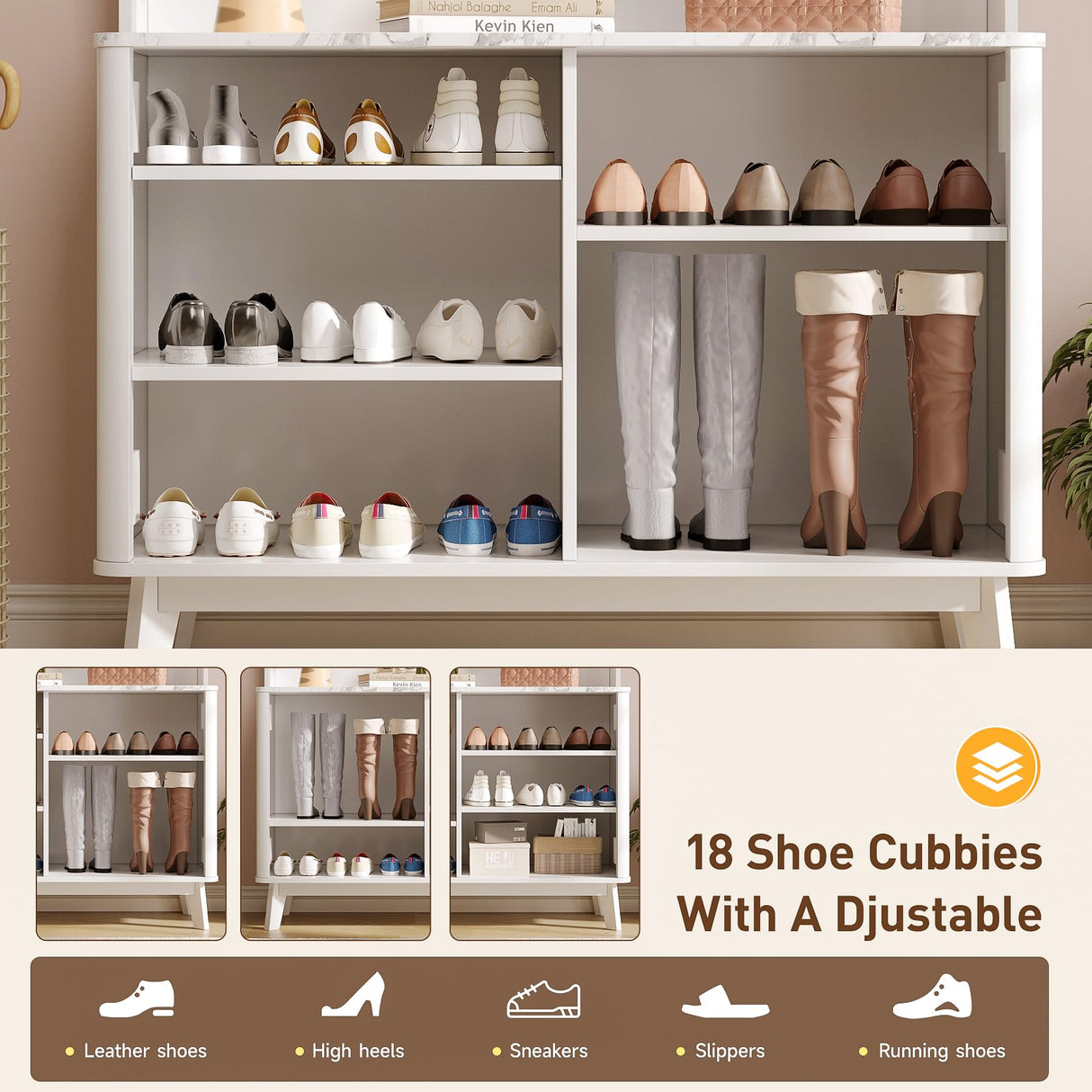 Maupvit 77" White Entryway Hall Tree, 4-in-1 Wood Coat Rack with 9 Hanging Hooks & Storage Bench, Shoe and Coat Rack, 18 Shoe Cubbies Home Organizer for Hallway Front Door Entrance Maupvit