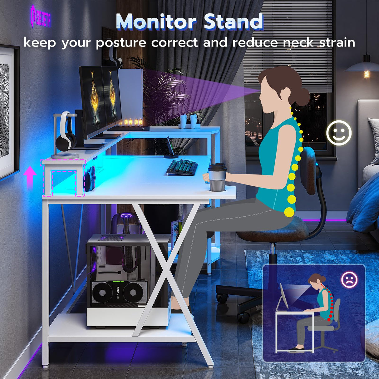 SEDETA White Gaming Desk 70.8'' with LED Lights and Storage Shelves, Computer Desk with Monitor Stand, Power Outlets and Cup Holder, Large PC Gamer Desk, Gaming Table for Bedroom, Living Room SEDETA