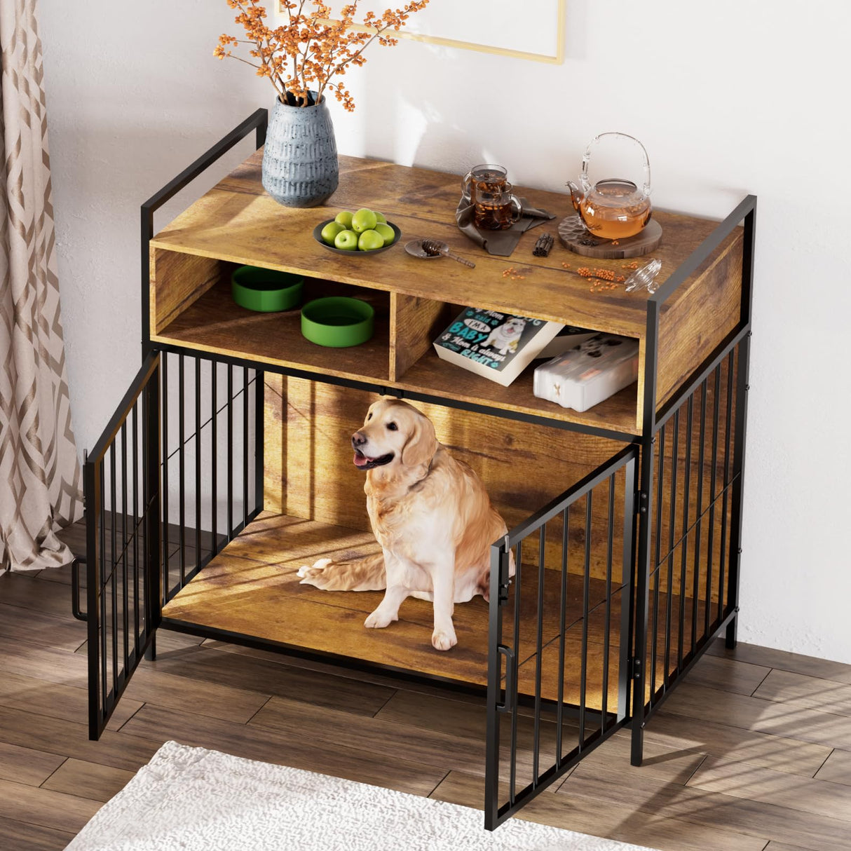 aboxoo Large Dogs Crate 40/32 Inches Furniture-Style Cages,Large Medium Dog Kennels Indoor,Wood Dog Crate Table with Drawers Storage,Heavy Duty Dog Crate(Rustic Brown) aboxoo