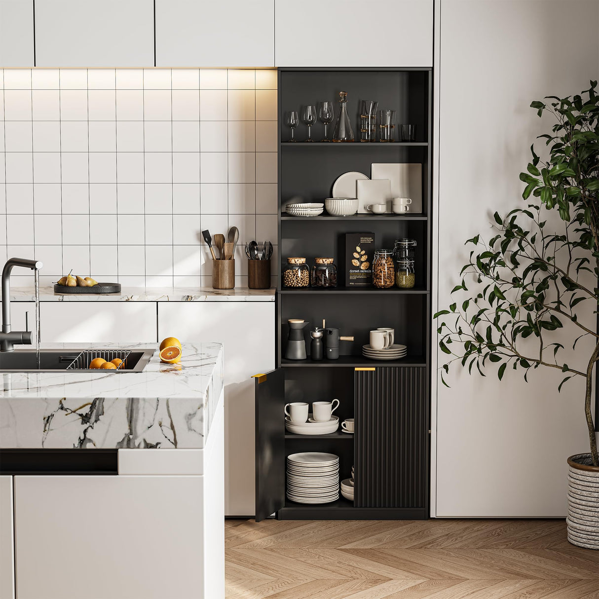 INNOD 72" Tall Book Shelve Bookcases with Doors, Floor Standing 6 Shelf Display Storage Shelves, Book Shelf with Storage Cabinet, Home Decor Furniture for Living Room Bedroom and Home Office INNOD