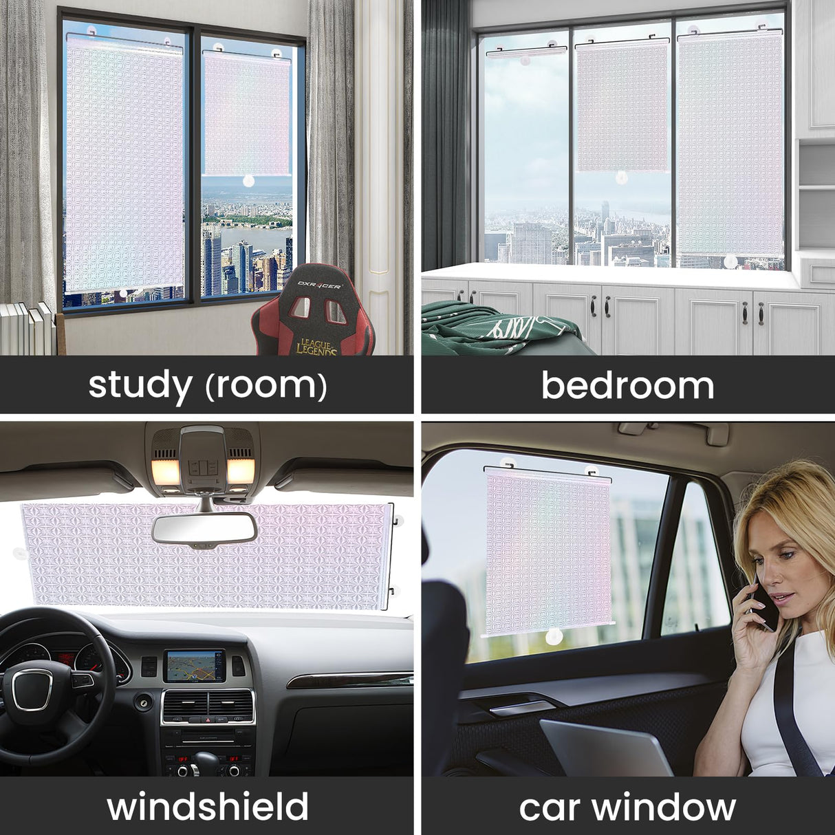 No Drilling Retractable Roller Window Shades W/3 Suction Cups, Black Blackout Blind Shade Temporary Cover Curtain for Home Bedroom Car (23.62" L×15.75" W, Laser Pattern) WoodArtSupply