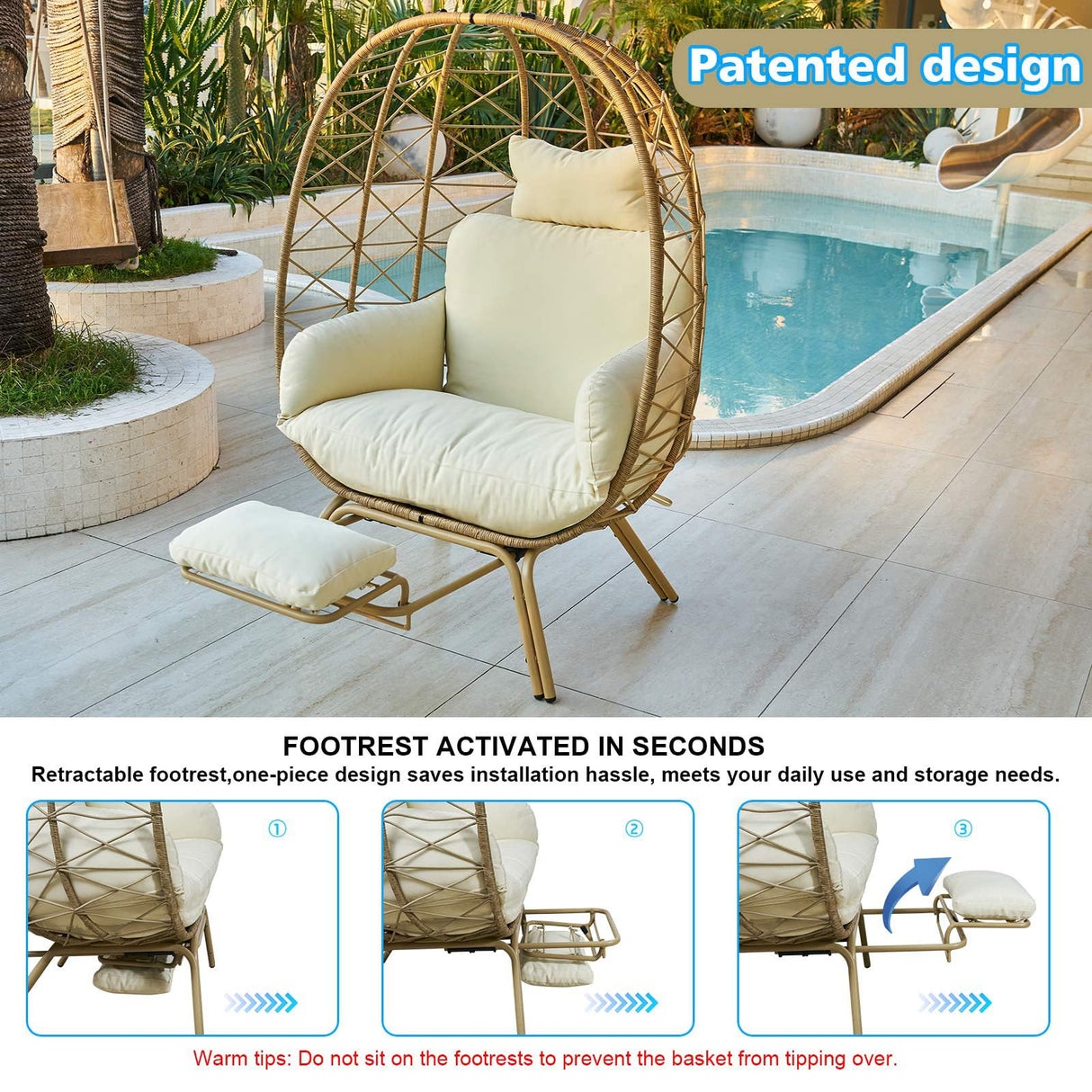 Outlux Wicker Egg Chair with Cushion & Footrest - Oversized 450lb Capacity Boho Hanging Chair for Indoor/Outdoor - Beige Rattan Lounge Seat for Patio, Balcony, Garden Outlux