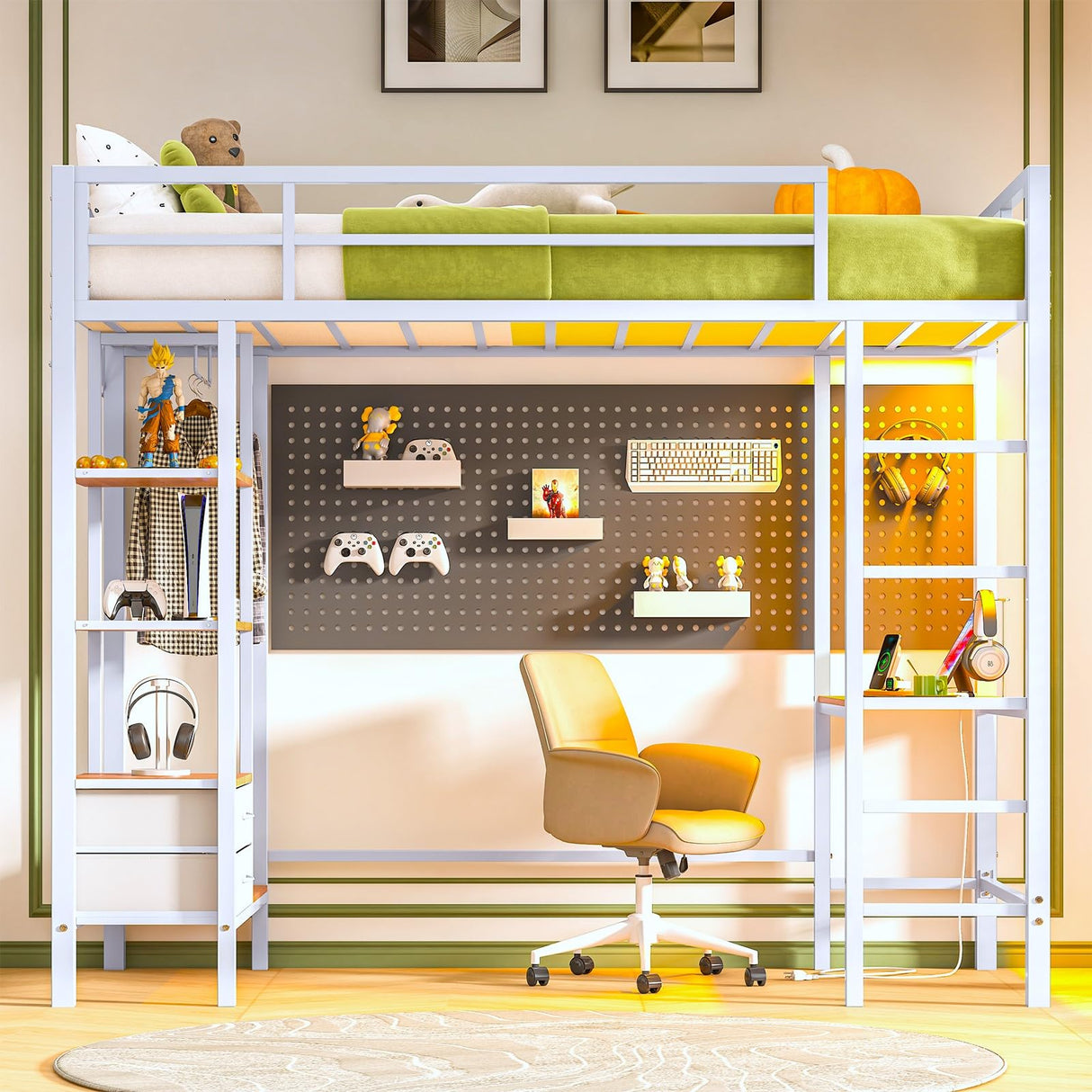 Hasuit Metal Loft Bed Twin Size with Desk and Charging Station White Twin Loft Bed with LED Lights, 4 Storage Shelves and 2 Fabric Drawers, Twin Size Loft Bed with Safety Guard, Clothes Rail & Ladder Hasuit