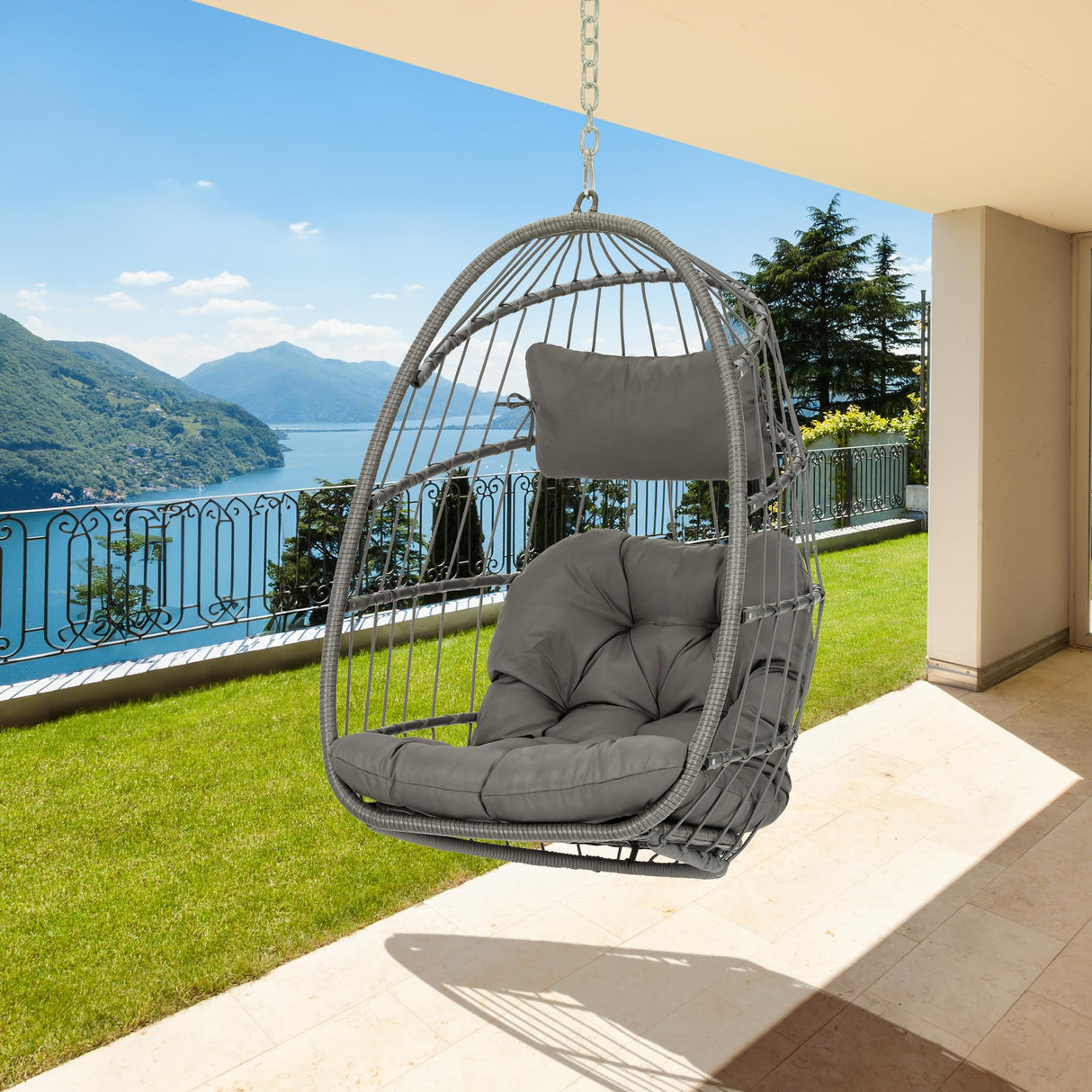 Brafab Wicker Rattan Hammock Egg Hanging Chair with Chain, Rusty Resistant Aluminum Frame and UV Cushion, Indoor Outdoor Bedroom Patio Porch Folding Camping Chair(Without Stand) Brafab