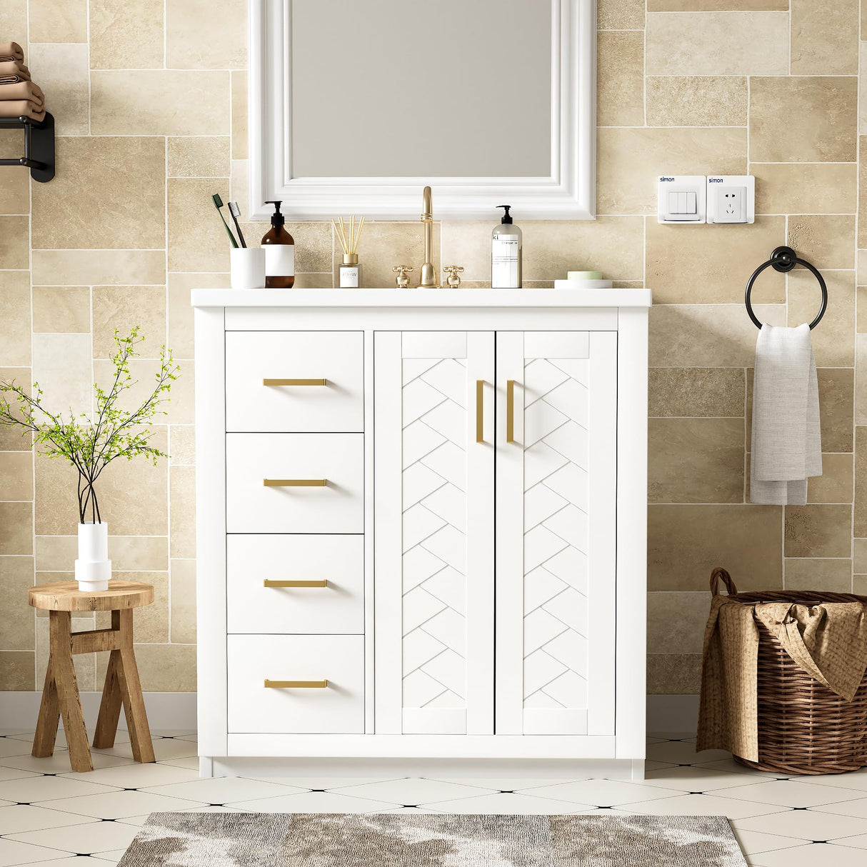 Virubi 30 Inch Bathroom Vanity with Ceramic Sink, Modern Bathroom Storage Cabinet with 3 Drawers and 2 Doors, Freestanding Bathroom Vanities, Soft Closing, Solid Wood Frame Virubi
