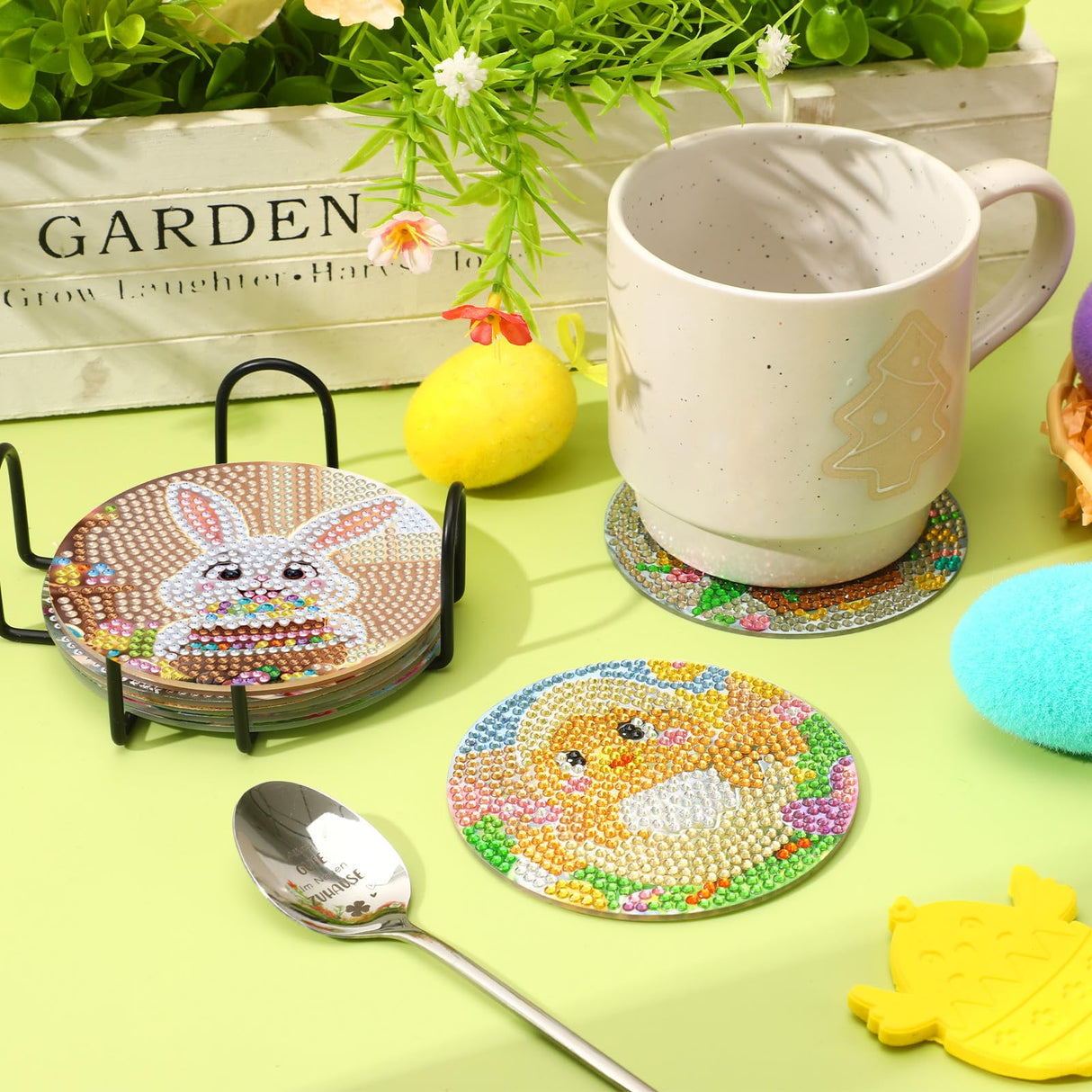 UPINS 8 Pieces Easter Diamond Art Coasters,Bunnies Diamond Art Coaster for Adults Diamond Kits Supplies for Spring Easter Gift UPINS