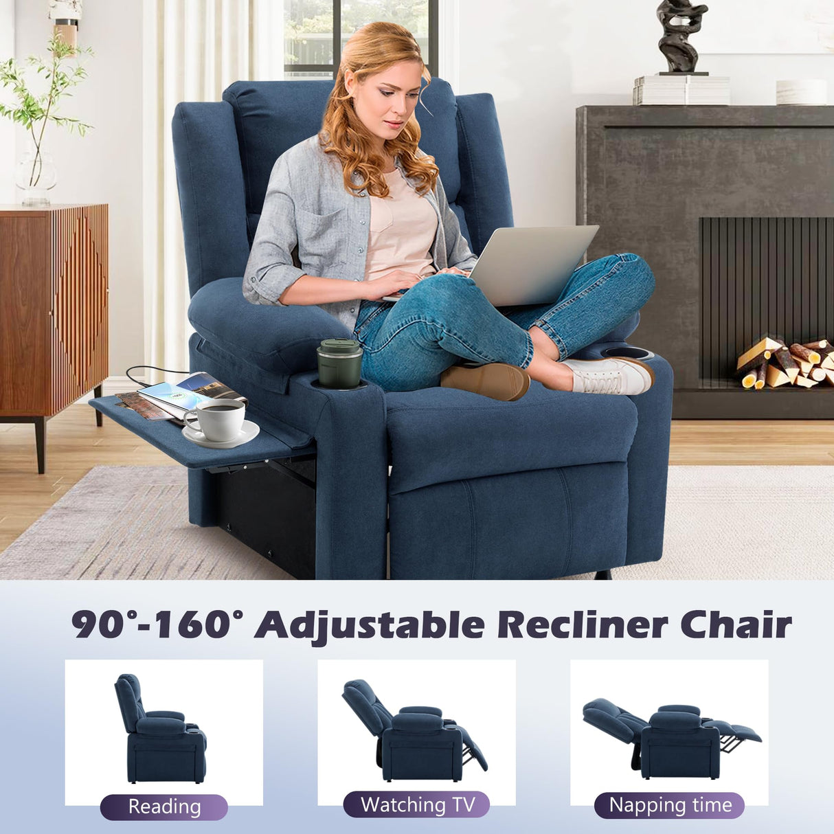 Apeaka Power Recliner Chair for Adults Single Sofa Recliner with Massage and Heat for Living Room Bedroom Upholstered Accent Reclining Armchair Blue Apeaka
