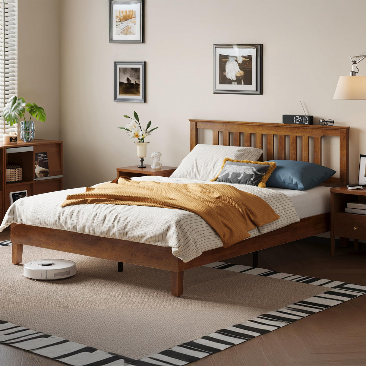 LINSY Queen Bed Frame, Wood Platform Bed Frame with headboard, Solid Wood Bed with Wood Slat Support, No Box Spring Needed, Easy Assembly, Walnut, Queen LINSY