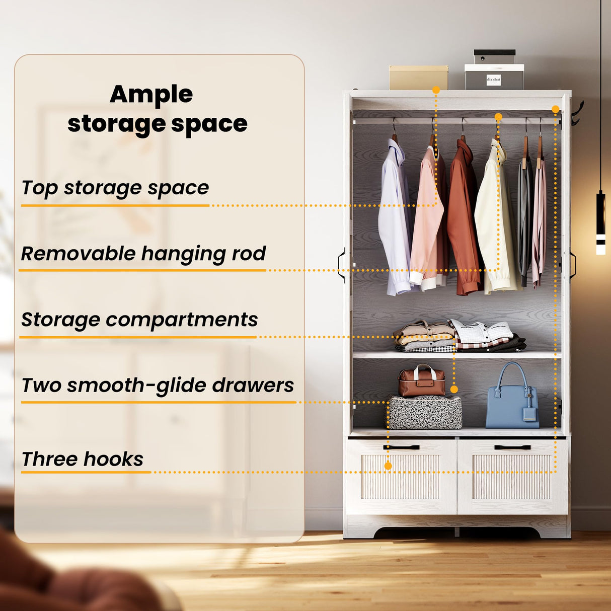 ANCTOR Armoire Wardrobe Closet, 71" H Wooden Clothing Storage Cabinet with 2 Doors and 2 Drawers, Bedroom Freestanding Wardrobe Combination with Hanging Rod and Adjustable Shelves, White ANCTOR