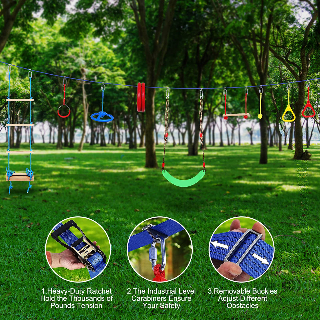Ninja Warrior Kids Obstacle Course, 65 FT Durable Slackline with 7 Obstacles-Swings, Monkey Bars, Arm Trainers and More, Weatherproof Outdoor Obstacle Course for Backyard, Gym, Field FAHKNS