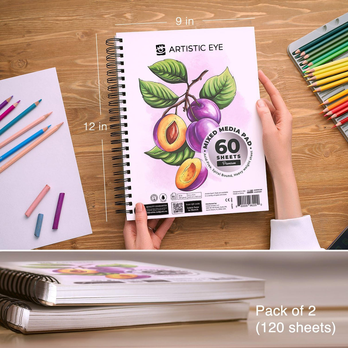 ARTISTIC EYE 9x12 Premium Mixed Media Sketchbooks: Pack of 2 (120 Sheets), 160 GSM, Spiral Bound Sketch Pads, Suitable for a Variety of Wet and Dry Media, Ideal for All Artists ARTISTIC EYE