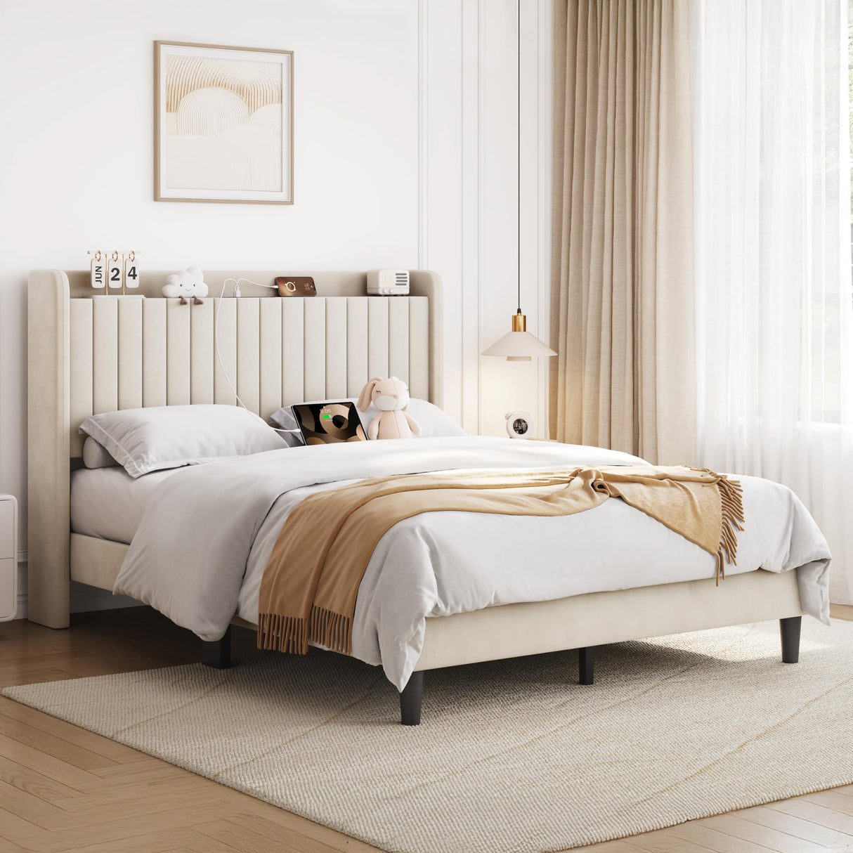 Yaheetech Queen Bed Frame with USB Charging Station and Storage Shelf/Upholstered Headboard Platform Bed with Wing Side/Wooden Slats Support/Noise Free/No Box Spring Needed/Easy Assembly, Ivory Yaheetech