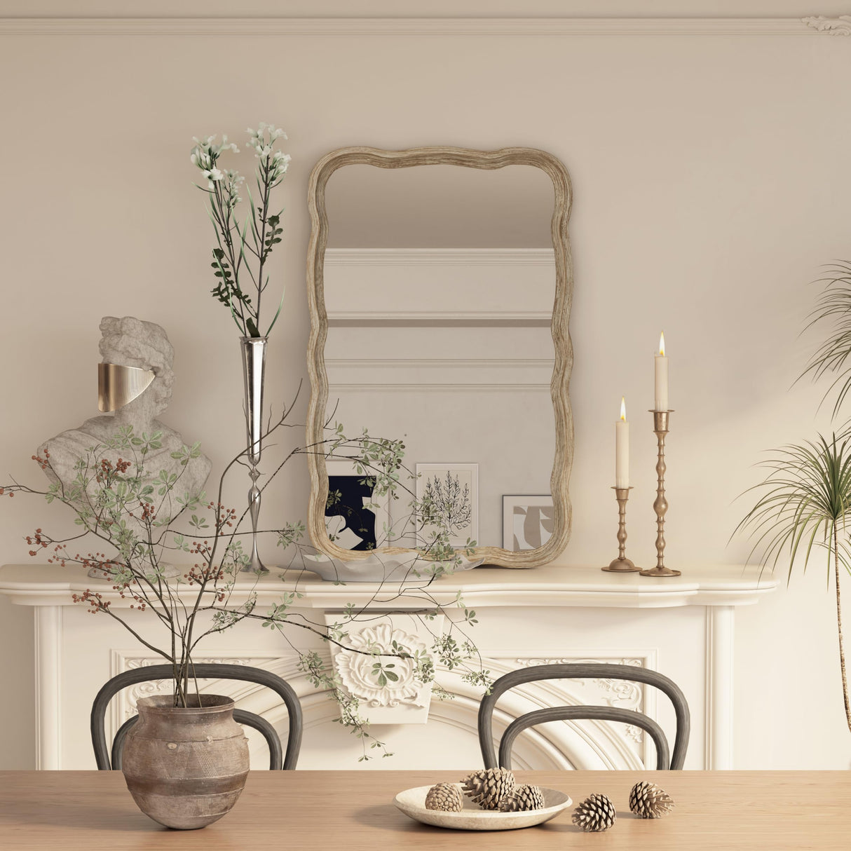 COZAYH Curved Wood Frame Accent Mirror, Farmhouse French Country Decorative Wall Mirror, Rectangle 23.5”L x 38”W, Natural COZAYH