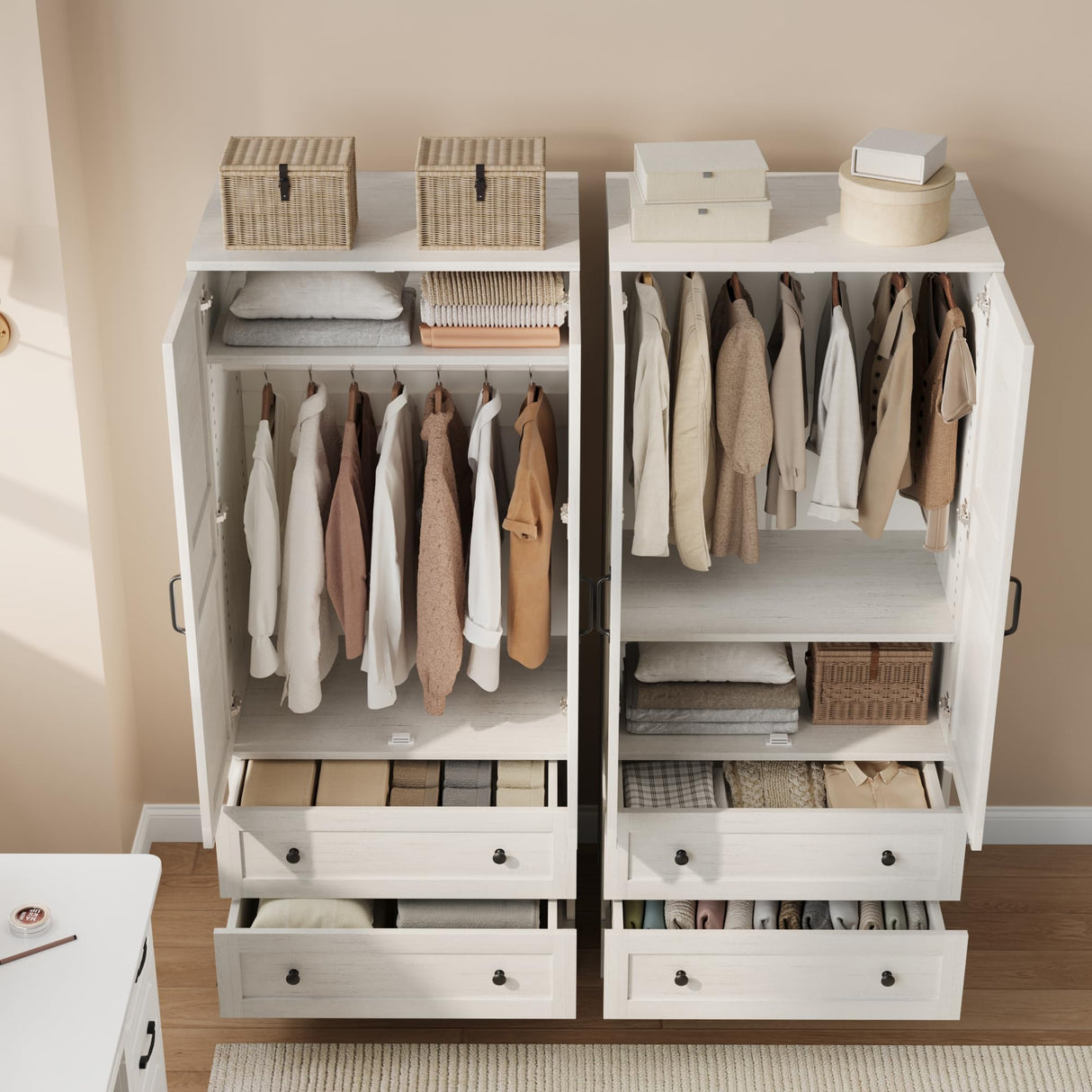 GarveeHome Armoire Wardrobe Closet with 2 Drawers,72 in Wooden Wardrobe Cabinet with Hanging Rod, Tall Clothing Armoire Cabinet with Doors and 18 Adjustable Shelves for Bedroom, Clothes, Rustic White GarveeHome