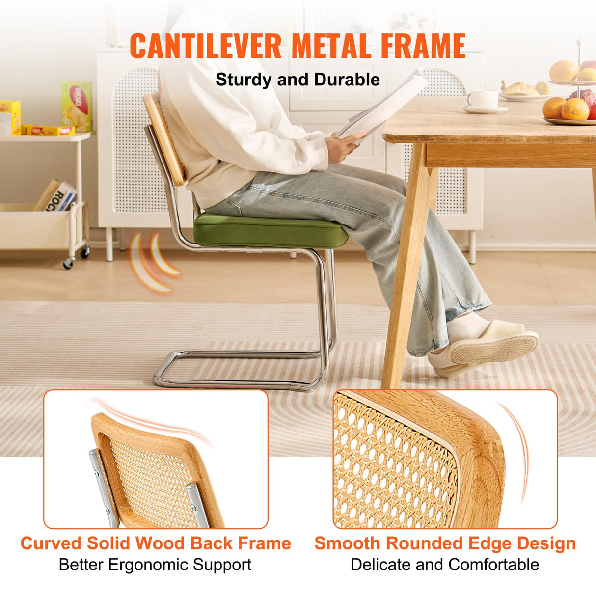 VEVOR Rattan Dining Chairs Set of 2, Mid Century Modern Dining Chair, Upholstered Velvet Accent Chair with Rattan Back, Retro Dining Room Kitchen Chair for Living Room, Bedroom (18.1 Inch) VEVOR