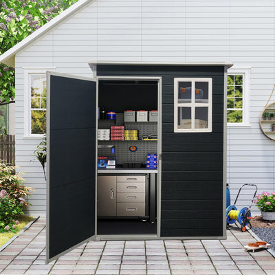Shaical Outdoor Storage Shed 5 x 3 FT Resin Shed with Floor and Window, Sloping Roof Outdoor Shed with Lockable Door, Plastic Tool Shed for Patio, Garden, Backyard, Yard, Lawn, Black