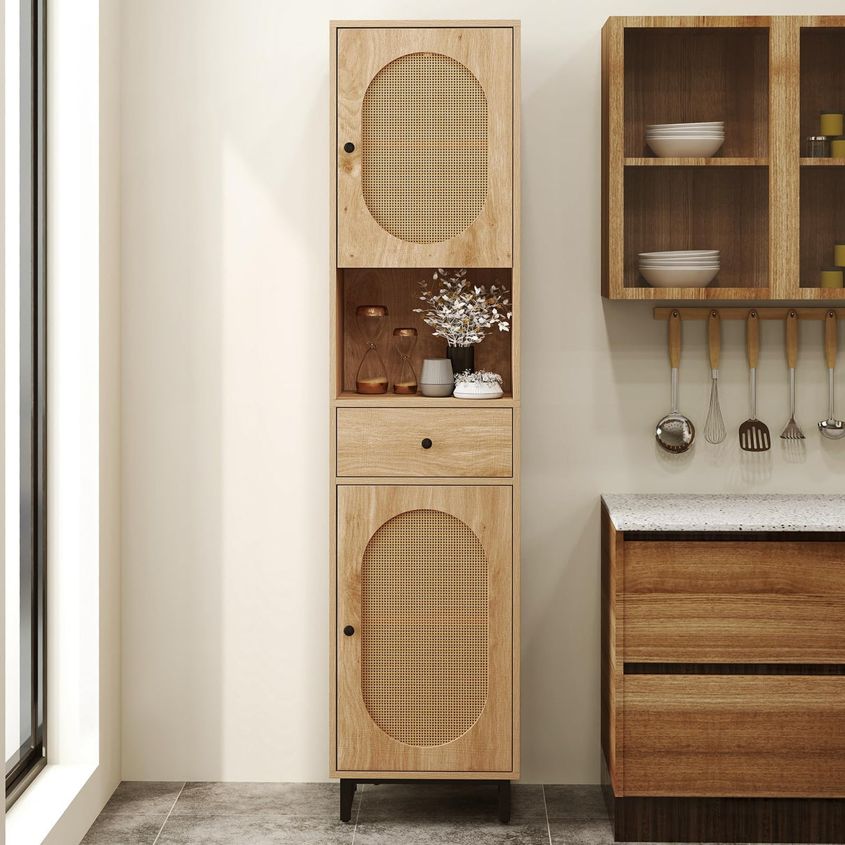 Giantex 67" Tall Bathroom Cabinet, PE Rattan Storage Cabinet with 2 Doors, Open Compartment & Drawer, Adjustable Shelves, Anti-toppling Device & Metal Legs, Floor Organizer for Living Room, Kitchen Giantex