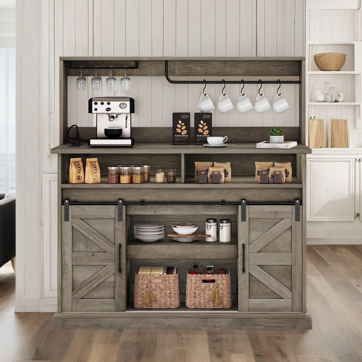 YITAHOME Buffet Cabinets with Storage, 47" Coffee Bar with Goblet Holder & Power Outlet, Farmhouse Sideboard Cabinets with Sliding Barn Doors for Kitchen, Living Room (Rustic Grey Oak) YITAHOME