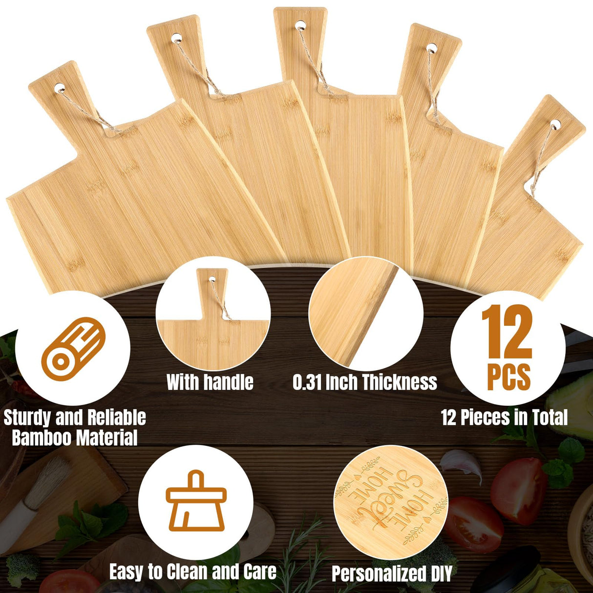 12 Packs Cutting Board Set Plain Chopping Board with Handles Large Serving Board Wooden Kitchen Cutting Board Bulk for Vegetables Meat Pizza Cheese Fruit Bread (17 x 10 Inch, Bamboo) Patelai