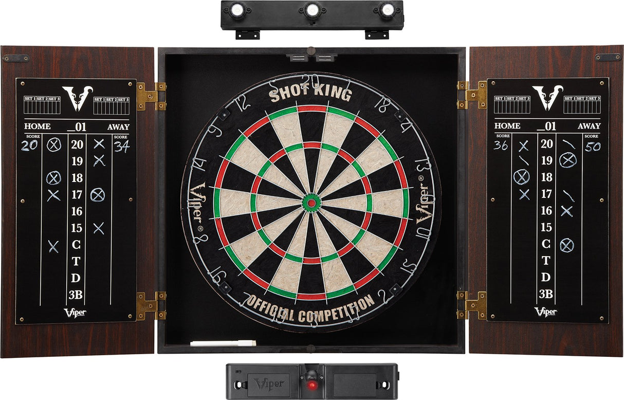 Viper Stadium Cabinet & Shot King Sisal/Bristle Dartboard Ready-to-Play Bundle: Elite Set (Shot King Dartboard, Darts, Shadow Buster and Laser Throw Line), Black (40-1213) Viper