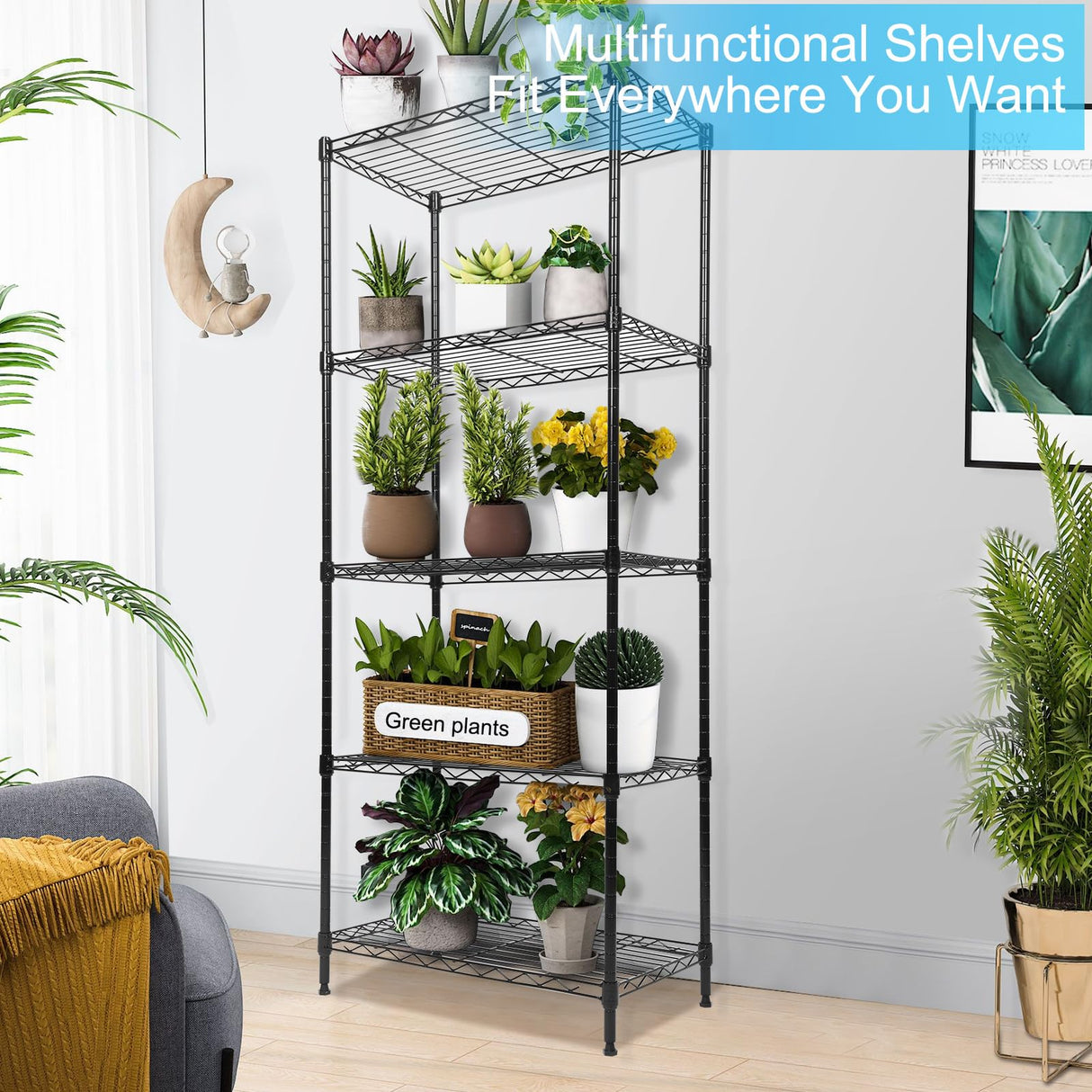Whitmor 5 Tier Shelving Unit, Adjustable Storage Shelves with Wheels, Wire Shelving, 400 lbs Capacity per Shelf, Max 2000 lbs Total for Laundry, Garage, Plant, 21" L x 12" W x 54" H, Black Whitmor