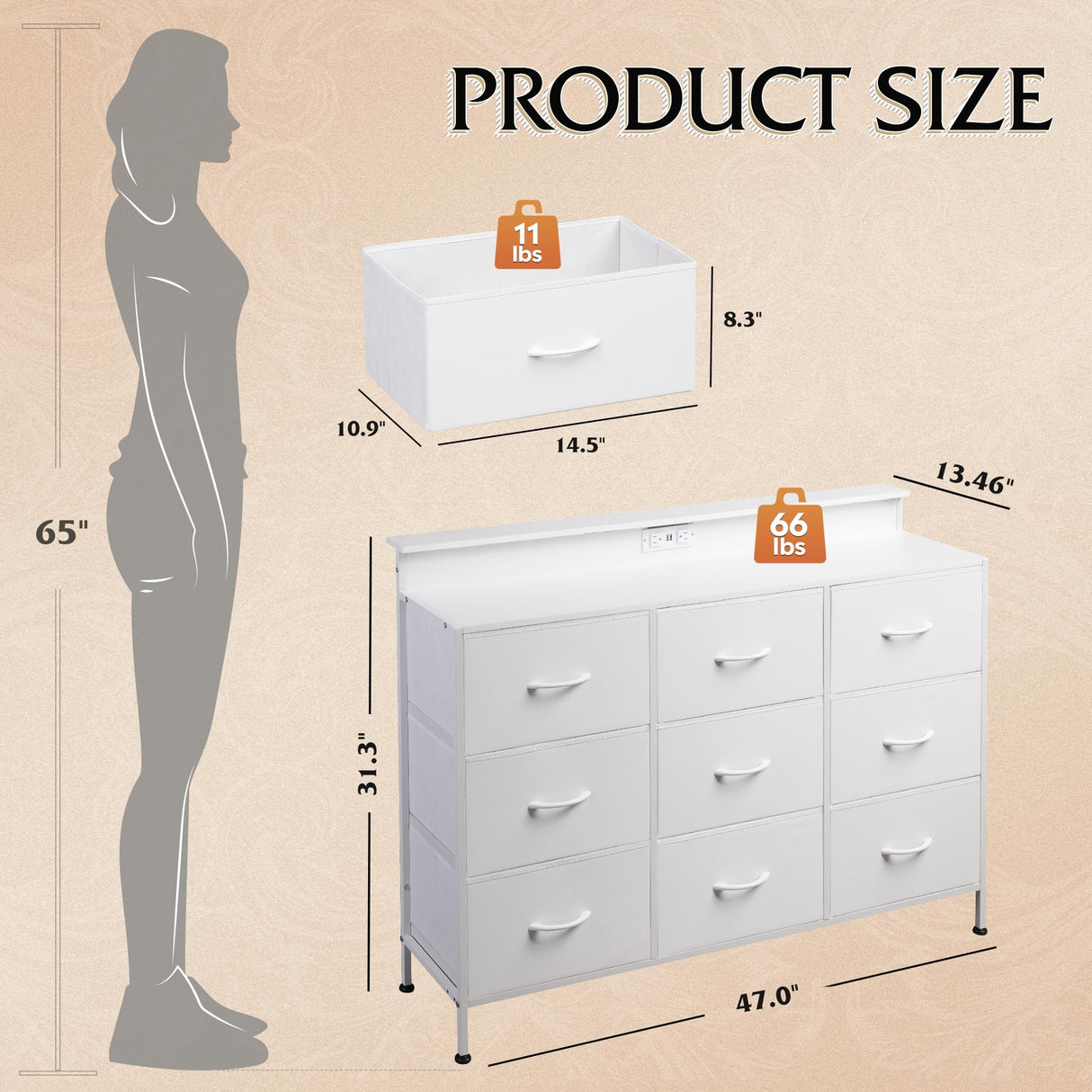 WLIVE Dresser TV Stand for 55 inch, Led Dresser for Bedroom, White Dresser for Bedroom with LED Lights and Charging Station, Chest of Drawers, 9 Fabric Dresser Drawers, Wood Top, Living Room, Closet WLIVE