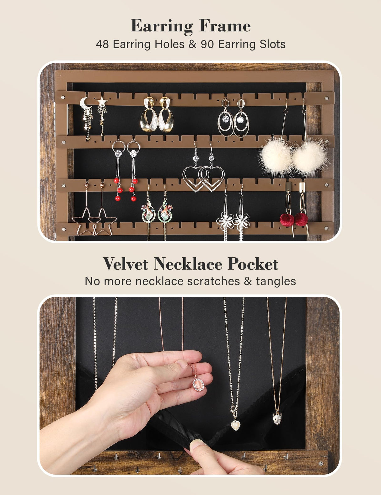 Nicetree Jewelry Cabinet Armoire with 2 Drawers, Lockable Standing Jewelry Mirror Cabinet, Full Length Mirror with Jewelry Storage, Rustic Brown Nicetree