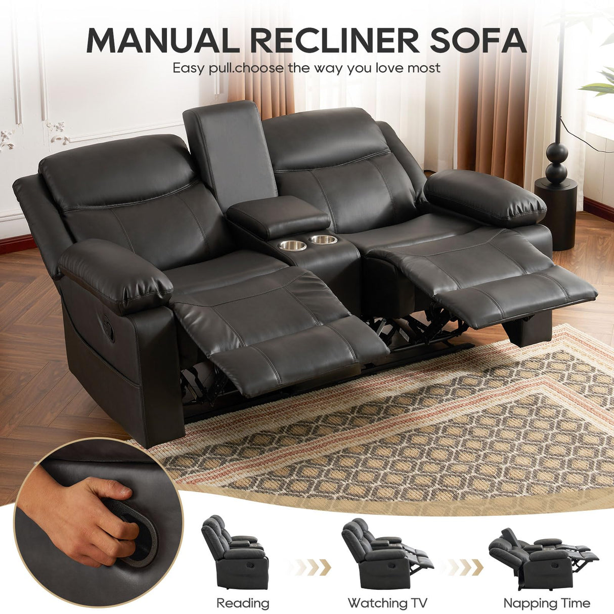 P.H.Furn Recliner Sofa, Reclining Loveseat Sofa with Massage & Heat, Reclining Couch with Side Pockets, Extra Storage, Cup Holders P.H.Furn