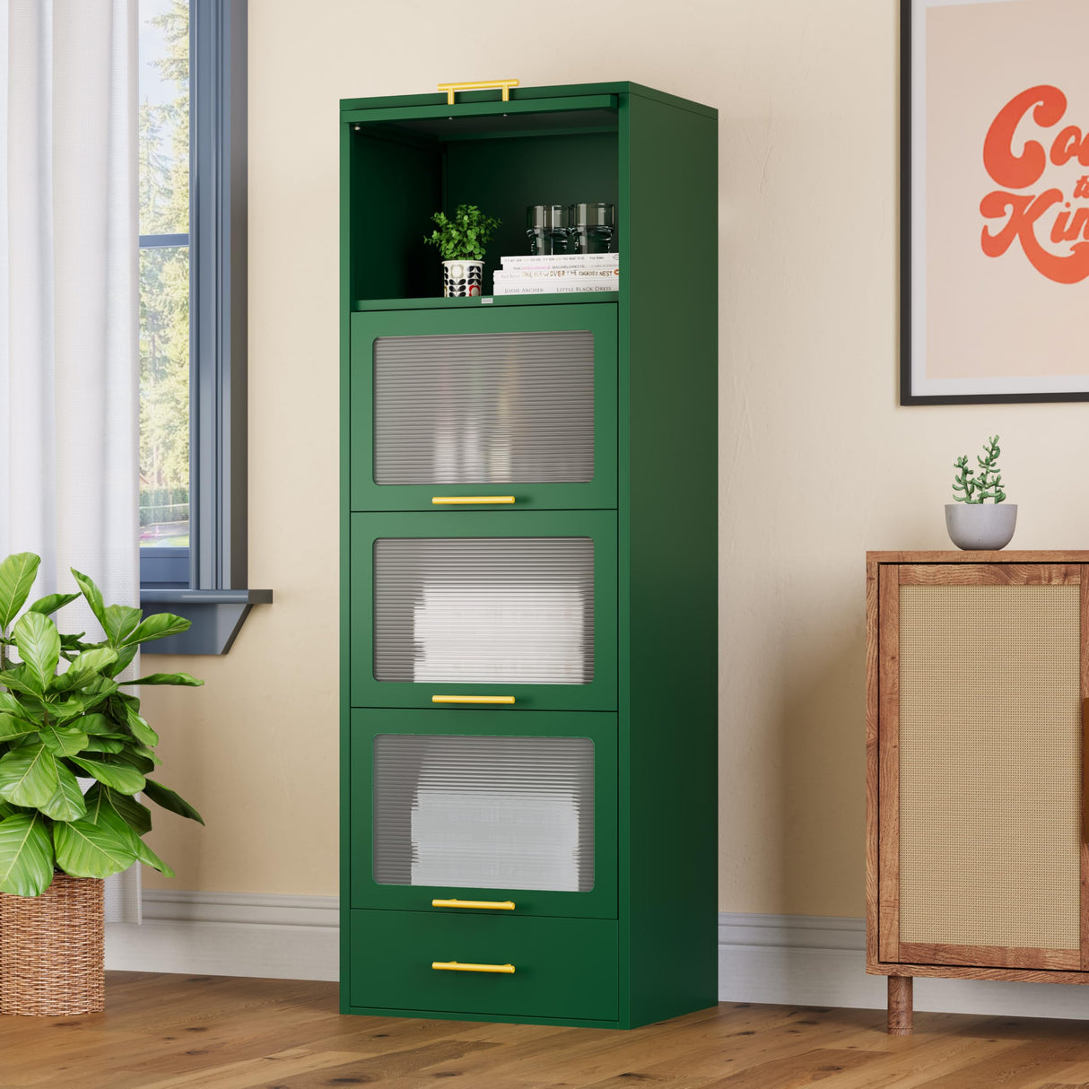 winiowa Green Metal 5-Tier Kitchen Storage Cabinet, 63" Tall Pantry Microwave Stand with Flip-up Acrylic Glass Doors, Freestanding Bakers Rack with Drawer for Kitchen, Dining/Living Room winiowa