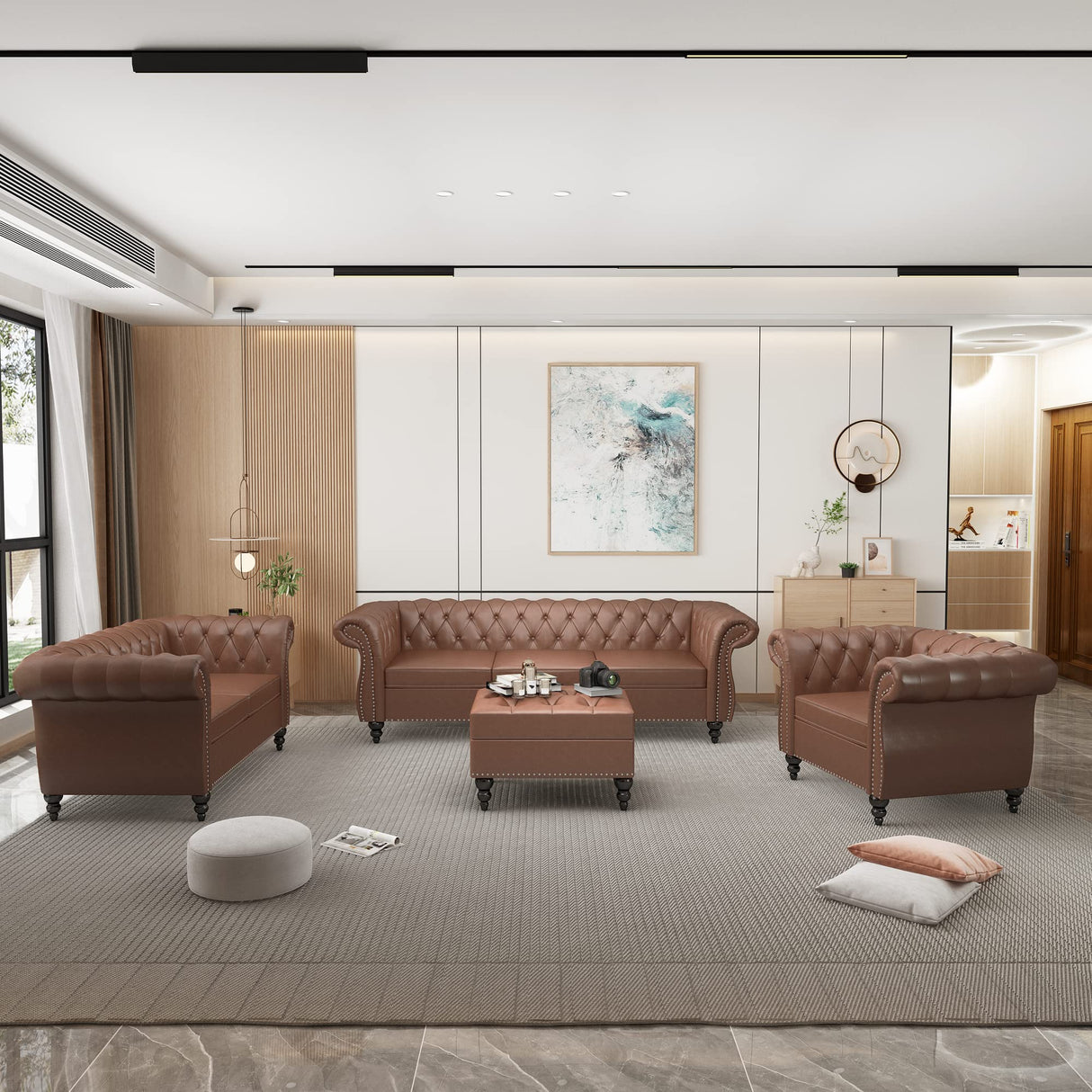 Chesterfield Loveseat, Modern Leather Sofa Tufted Couch 2 Seater with Rolled Arms and Nailhead for Living Room, Bedroom, Office, Apartment (Dark Brown) ORRD