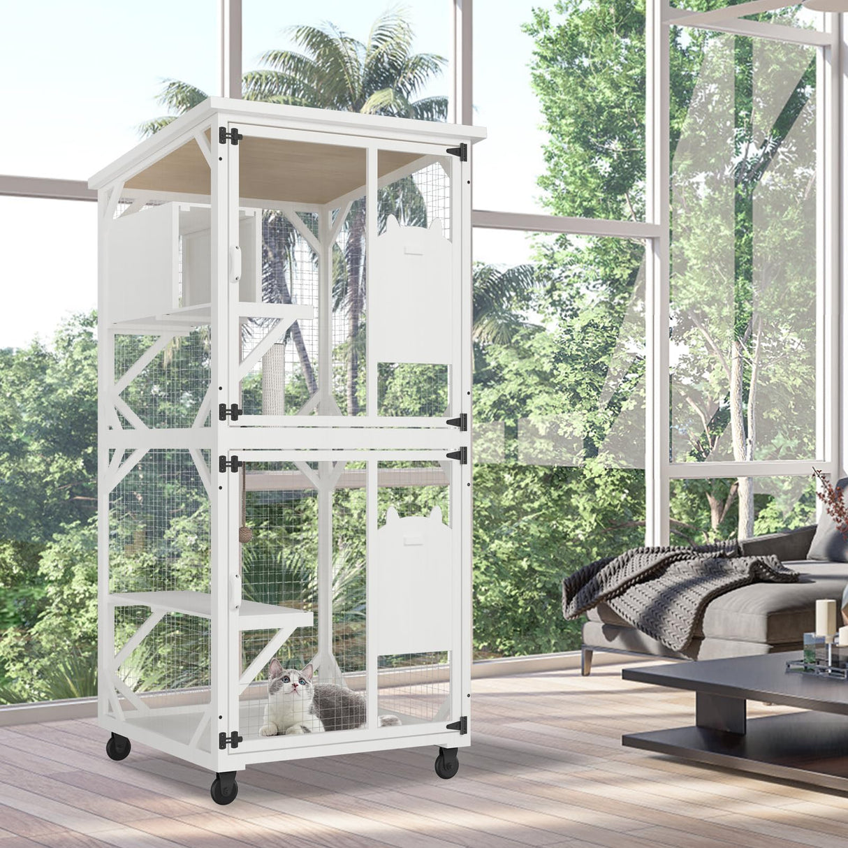 ROOMTEC Catio Outdoor Cat Enclosure - Large Wooden House with Roof, 71" H, 3 Jumping Platforms & 1 Napping House for Cats (White) ROOMTEC