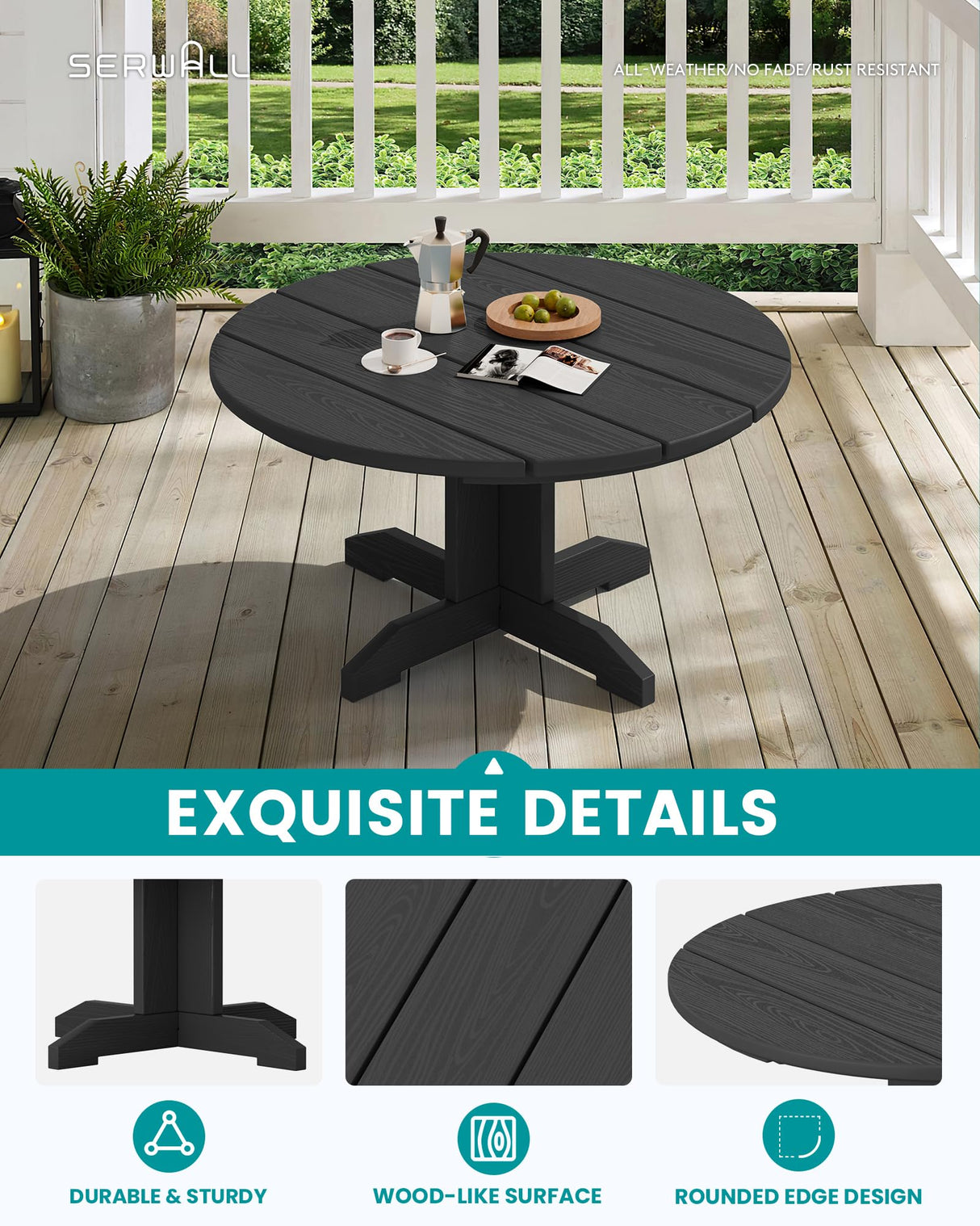 SERWALL Outdoor Coffee Table, HDPE Patio Round Coffee Table for Balcony, Garden, Backyard (Black) SERWALL