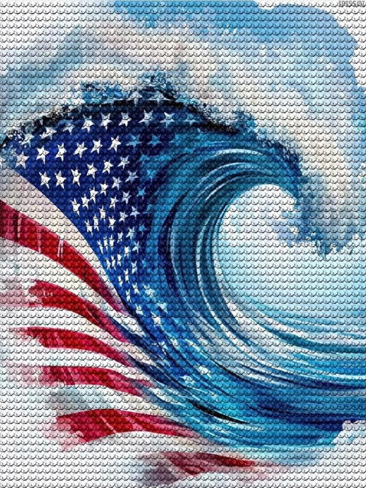 IPISSOI Wave with an American Flag Diamond Painting Art Kit for Adults DIY Diamond Art Painting Full Drill Round Gem Art for Crafts Wall Decor 12x16 Inch IPISSOI
