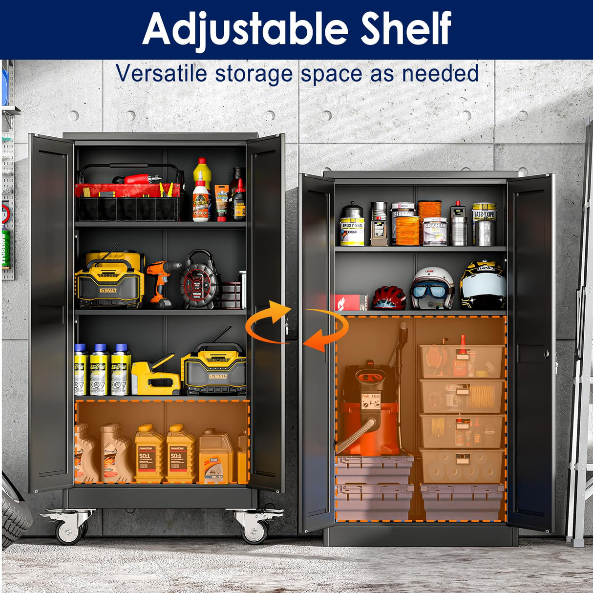 erosoei 61" H Metal Garage Storage Cabinet, Rolling Tool Cabinet with 2 Doors and Wheels, Locker Steel Cabinet with 3 Adjustable Shelves, Organization Cabinet for Garage,Office,Home,Gym,School(Black) erosoei