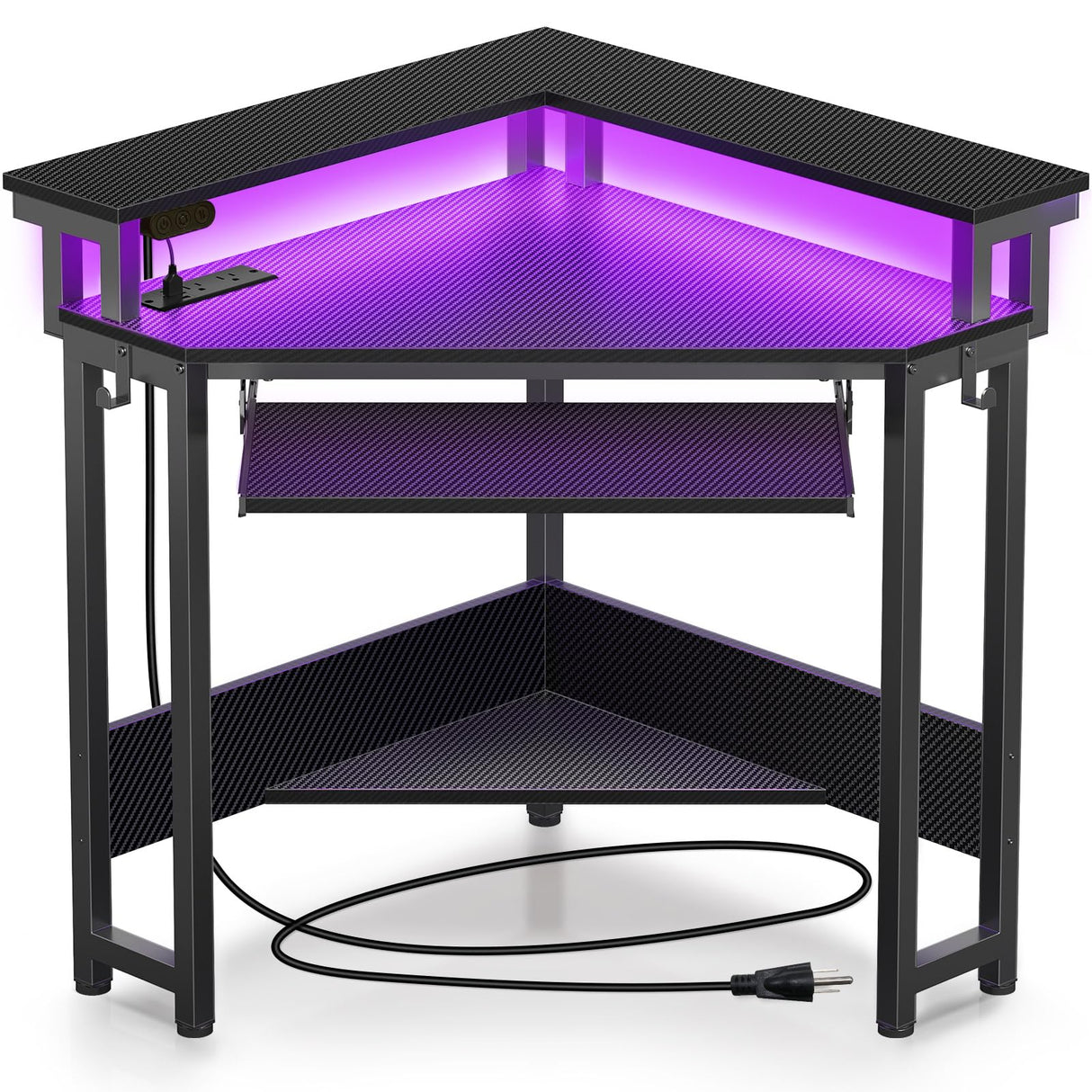 Rolanstar Corner Desk, 44.5" W x 34.5" H Small Carbon Fiber Computer Desk with Power Outlets, LED Lights and Keyboard Tray, Small Office Computer Desk with Monitor Stand for Small Space, Carbon Black Rolanstar