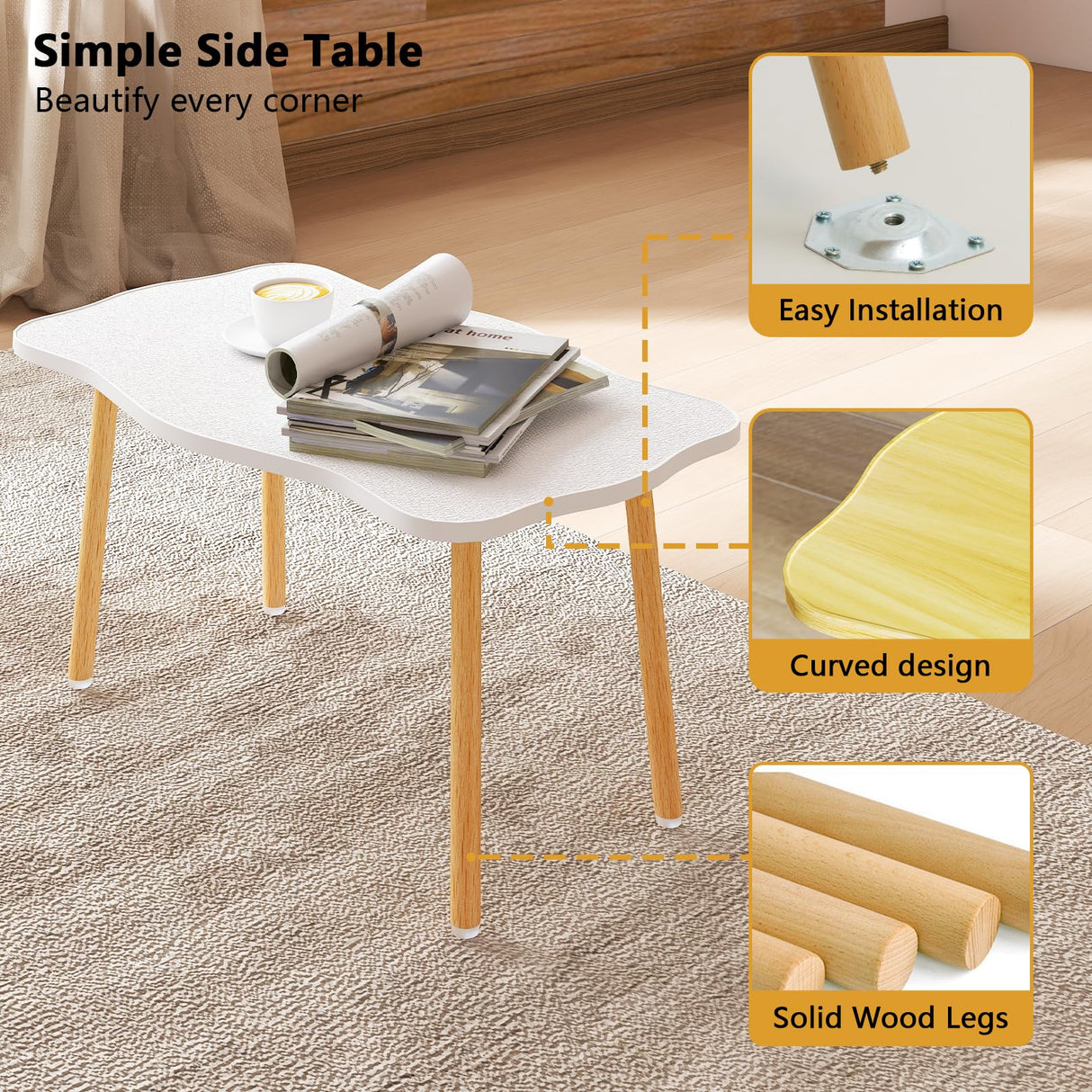 Funecy Cookie Coffee Table Low Table with 4 Solid Wood Sturdy Legs, Floor Table Desk for Sitting on The Floor, Storage and Living Room Furniture (White) Funecy