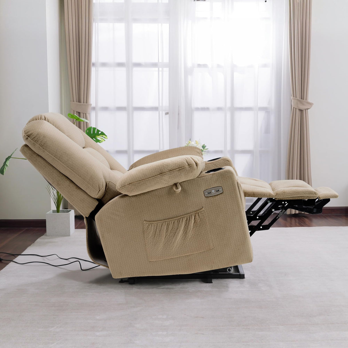 MCombo Oversized Power Lift Recliner Chair Sofa with Massage and Heat for Elderly People Petite, USB Ports, Side Pockets, Fabric R7561 (Beige, Small-Oversize) MCombo