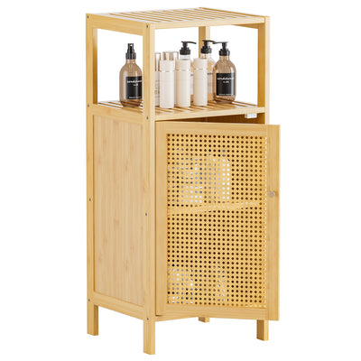 HITNET Rattan Bathroom Storage Cabinet, Small Bamboo Floor Cupboard with Door, Freestanding Narrow Side Organizer for Living Room, Kitchen, Entryway, Natural