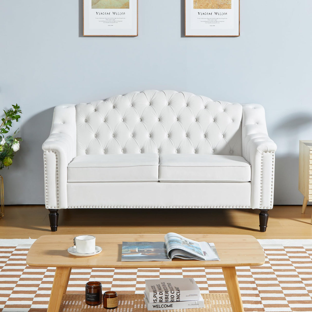 LEVNARY Chesterfield Loveseat Velvet, Upholstered Sofa with Button-Tufted Back, Mid-Century Modern Sofa with Solid Wood Legs, 2 Seater Couches for Living Room (White) LEVNARY