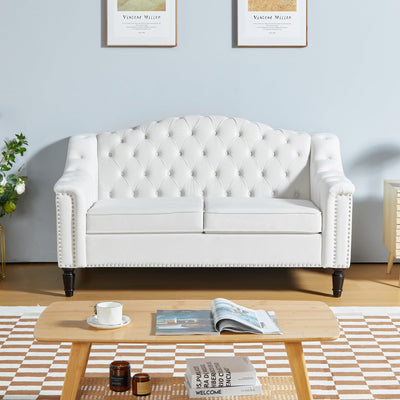 LEVNARY Chesterfield Loveseat Velvet, Upholstered Sofa with Button-Tufted Back, Mid-Century Modern Sofa with Solid Wood Legs, 2 Seater Couches for Living Room (White)