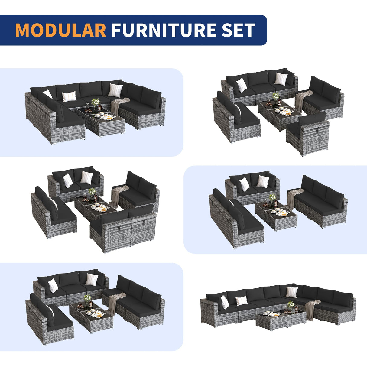 VONZOY Patio Furniture Set, 10-Piece Outdoor Sectional with Free Cover, All-Weather Wicker Patio Conversation Sets for Backyard (Grey with Black Cushion) VONZOY