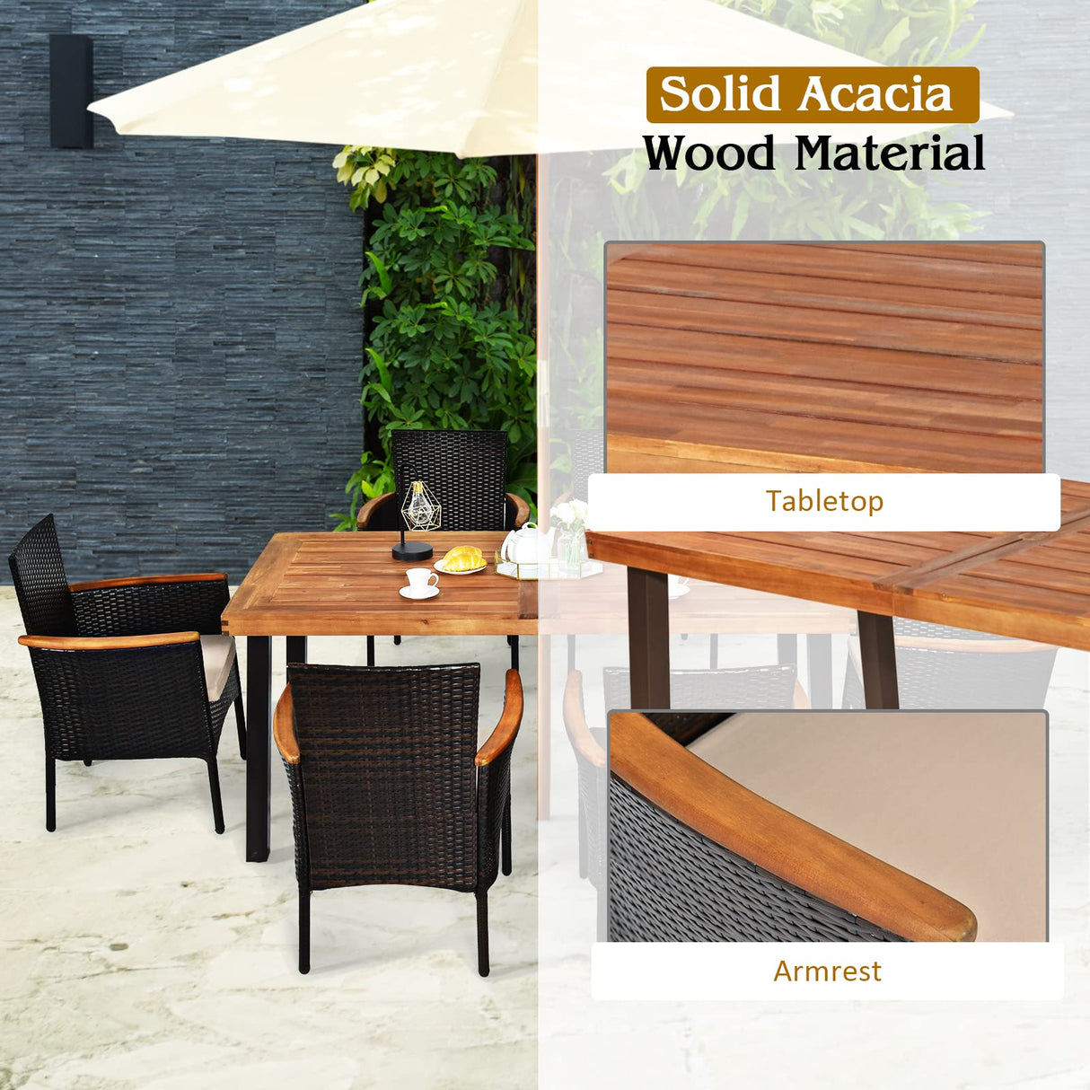 Tangkula 7 Pieces Patio Dining Set, Patiojoy Outdoor Conversation Set w/Acacia Wood Top Table & 6 Stackable Rattan Chairs, Wicker Dining Furniture w/Umbrella Hole, Steel Frame, Sponge Seat Cushions Tangkula