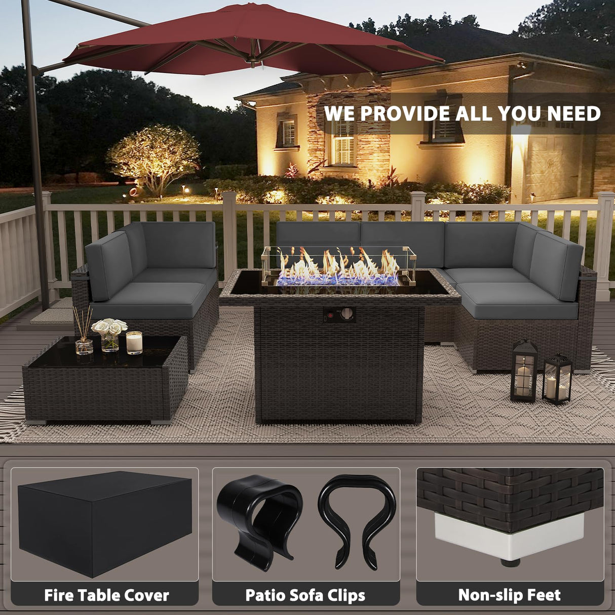 Vakollia 8 Pieces Patio Furniture Set with 44" Propane Gas Fire Pit Table, Outdoor Sectional Brown Rattan Wicker Conversation Sofa Sets with Coffee Table Vakollia
