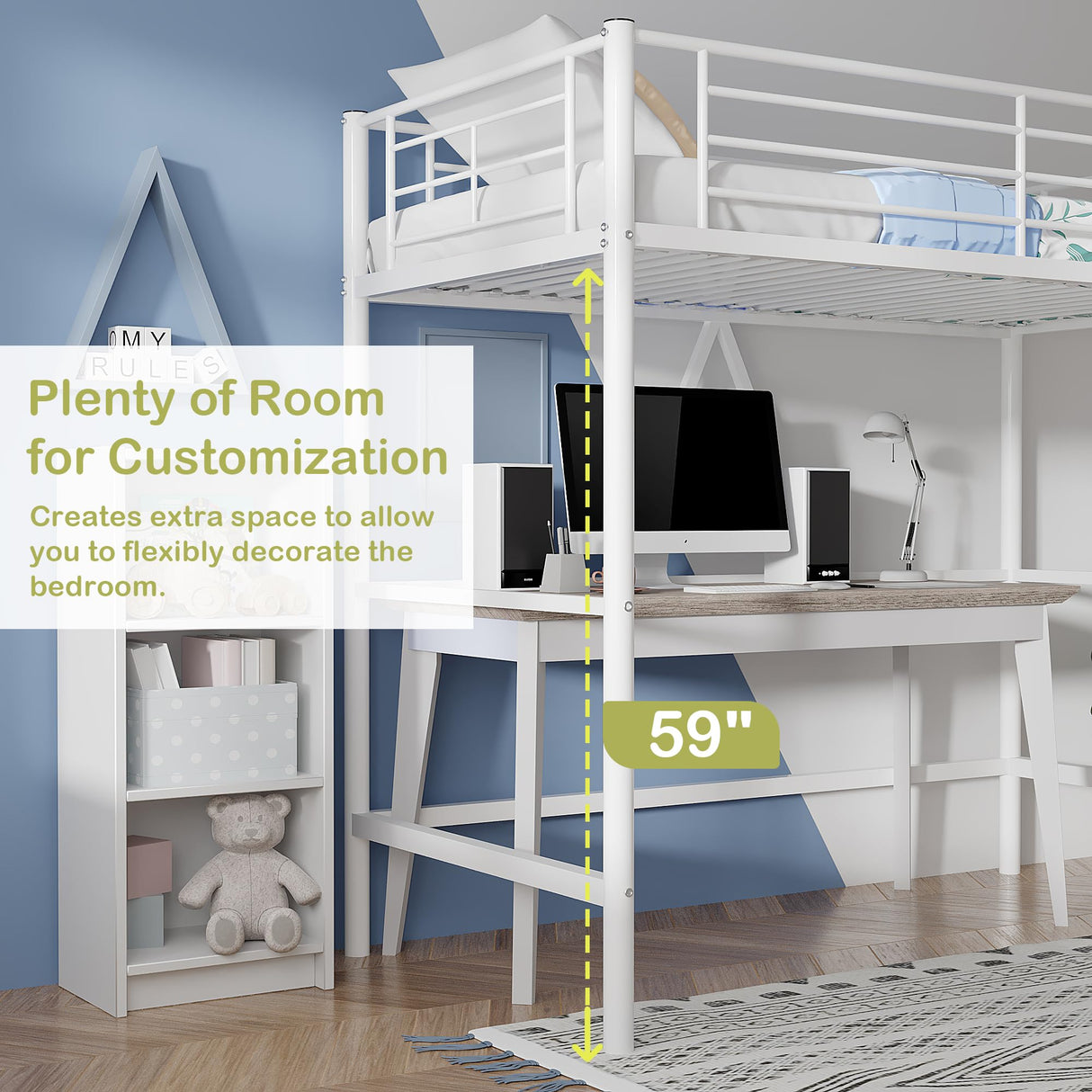 VECELO Metal Loft Bed Twin Size, Heavy Duty Bedframe with Removable Ladder and Safety Guardrail, Space-Saving, Noise Free, No Box Spring Needed, Off White VECELO