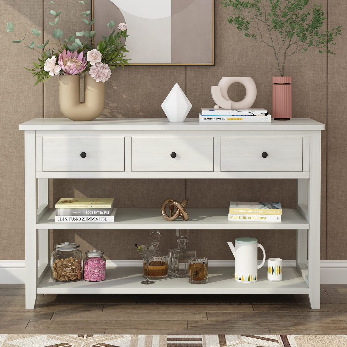 Karl home Console Table Entryway Desk, Sofa Side Table with 3 Drawers 2 Bottom Storage Shelves, Vintage TV Stand for Hallway Living Room Office, Antique White 29.9" H Karl home