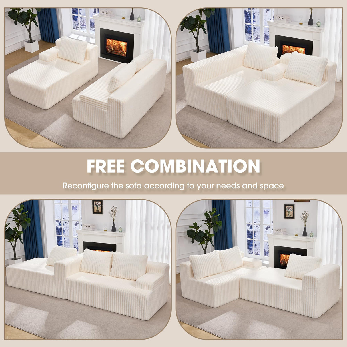 Hobestluk 96” Modular Sectional Sofa Couches L-Shape Couch 3 Seat Modular Sofa Memory Foam Sectional Couches for Living Room, Cloud Couch with Oversized Chaise (White, Stripe (Left Facing Chaise)) Hobestluk