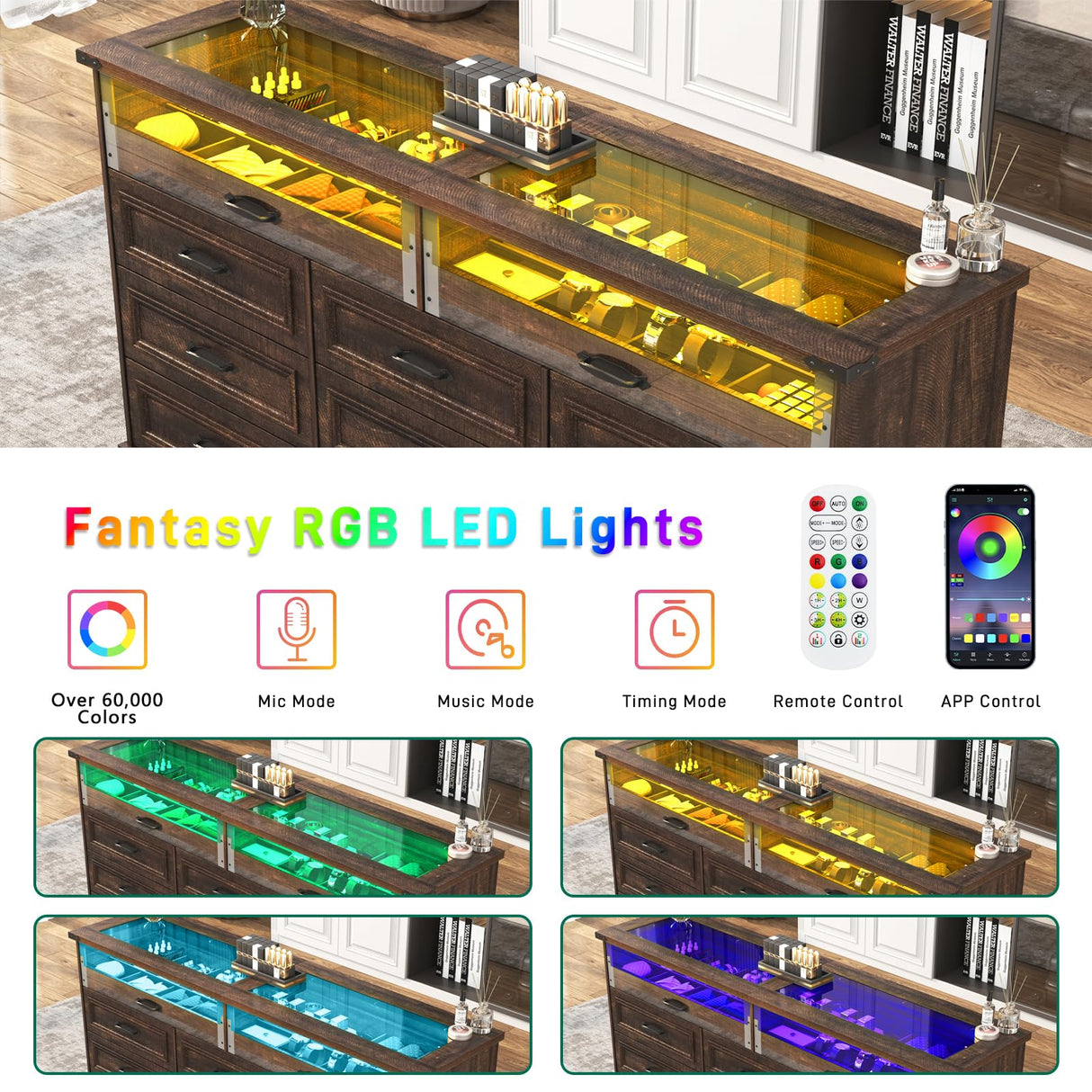 Hlivelood 63" Farmhouse 11 Drawer Dressers for Bedroom, Brown Wood Dresser w/Glass Top&Front Display Organizer, Bedroom Closet Island Chest of Drawers, for Living Room, Bedrooms, Hallway, Brown Hlivelood