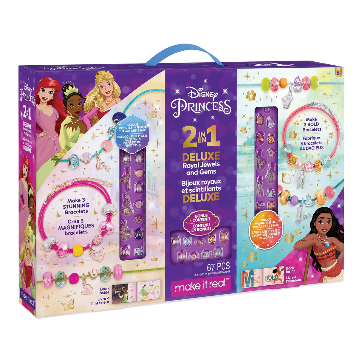 Disney Princess: 2-In-1 Deluxe Royal Jewels & Gems - Princess & Moana - Create 6 Stunning Princess Charm Bracelets, Make It Real, 67 Piece, Arielle Aurora Tiana & Moana, Tweens & Girls, Ages 8+ Make It Real