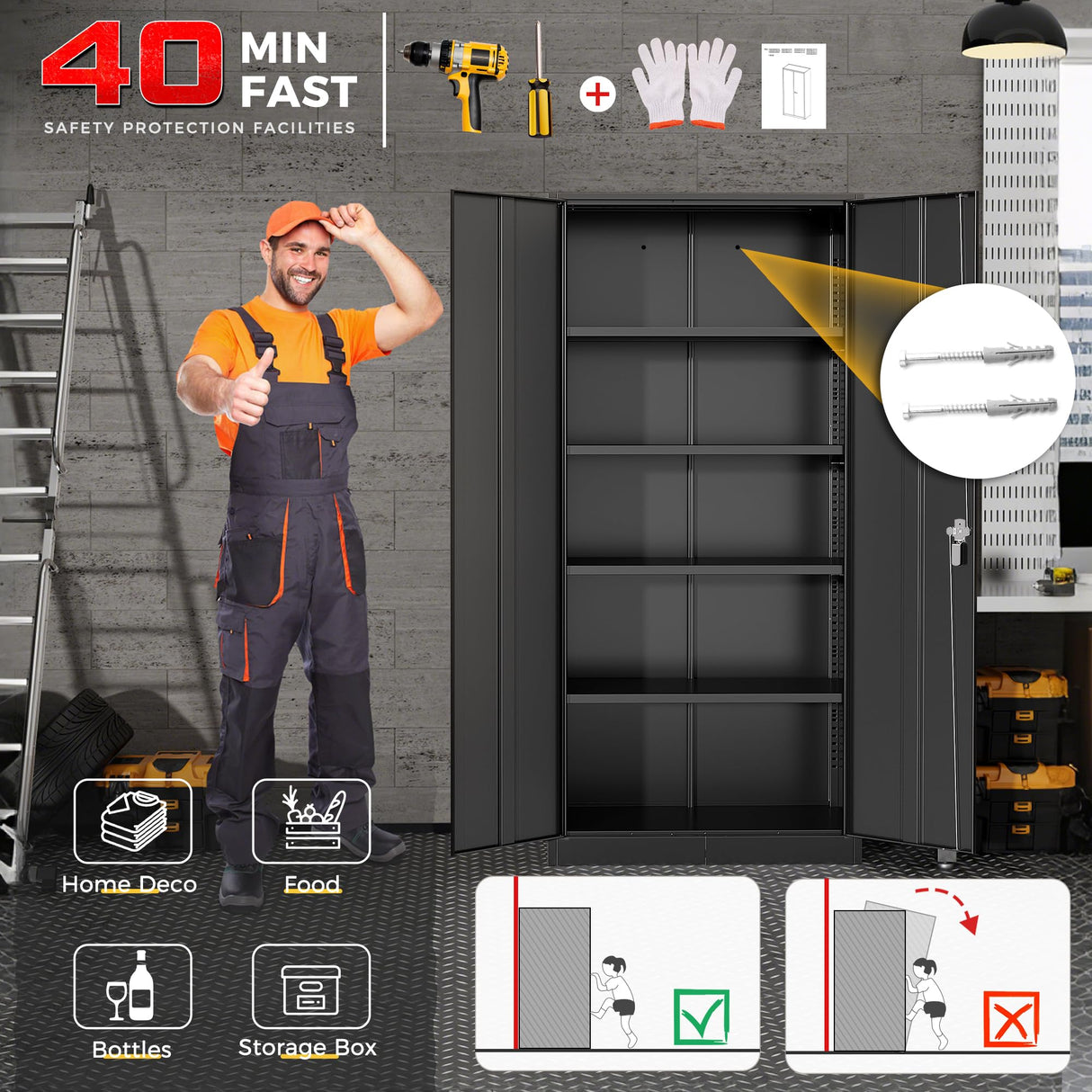 Metal Storage Cabinet with Lock, 71" Tall Black Garage Cabinet with 2 Doors & 4 Adjustable Shelves, Lockable Steel File Cabinet for Home Office, Garage, School, Gym Pataku