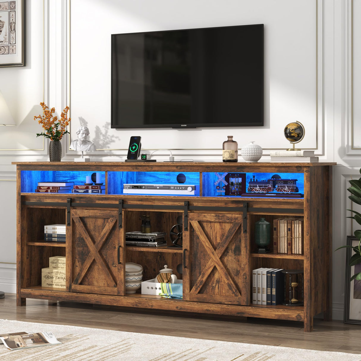 Farmhouse TV Stand for 80/75 inch TVs, Rustic Entertainment Center TV Cabinet Stands with Power Outlets, Rustic Brown Bolonbi